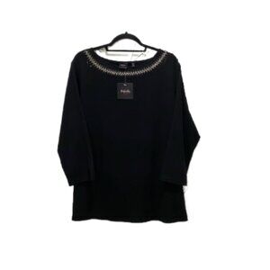 NWT RAFAELLA Womens 2X Black Soft Cotton Knit With Bling Beaded Mesh Neck Detail